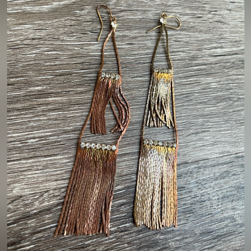 copper rose metallic fringe earrings with rhinestone accents Dangle women’s 5”